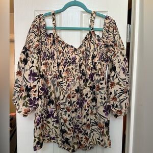 Torrid Floral Smocked Blouse - Purple, Black, Cream